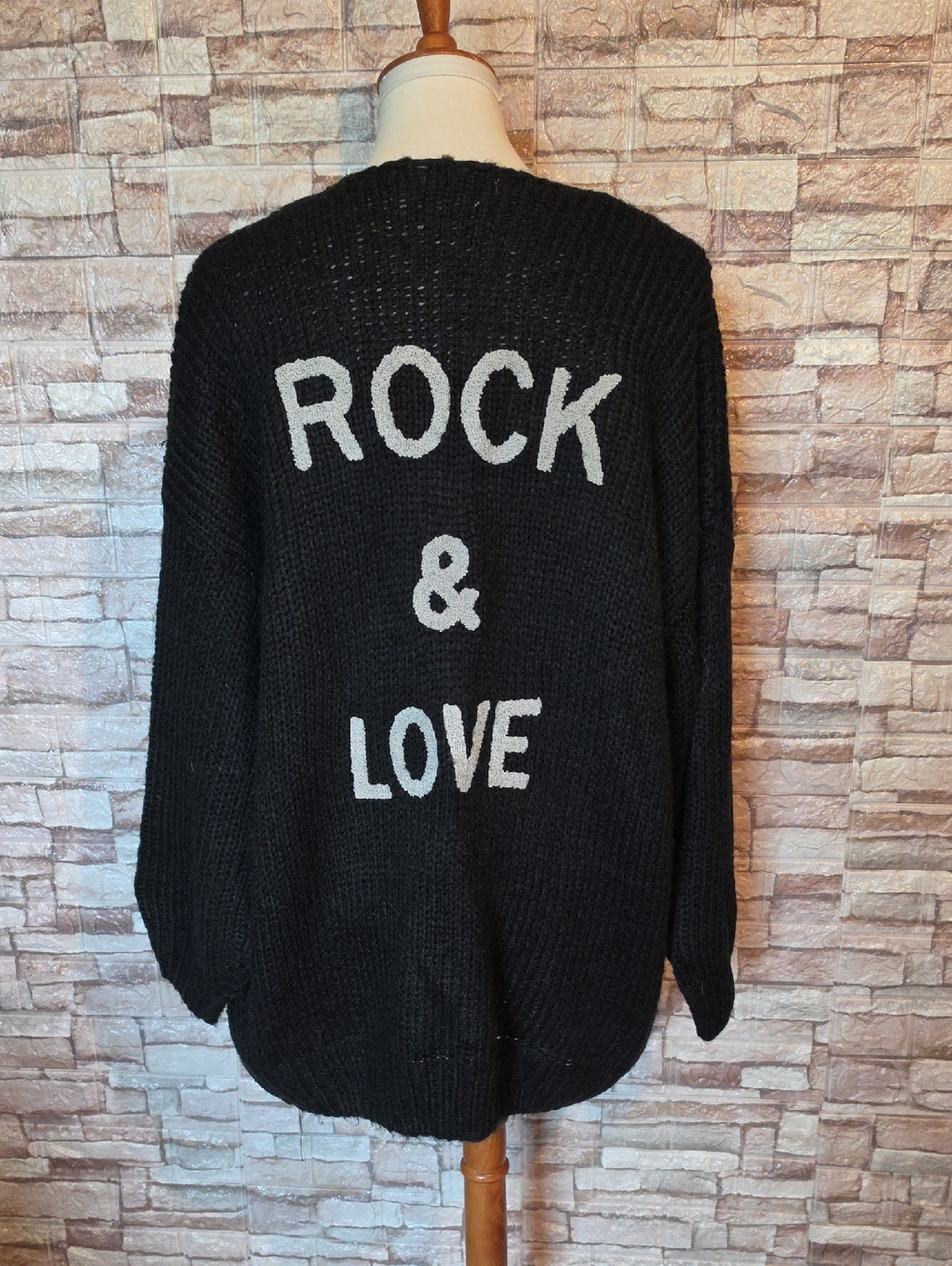 Fashion  Black Cardigan  with Rock & Love Text Open Front